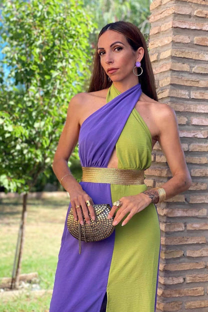 Chic Color-Blocked A-Line Prom Dress with High Neck and Stunning Belt Detail
