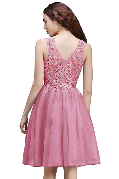 Chic Crew Neck Lace Tulle Short Homecoming Dress Sleeveless Appliques Mini Party Dress