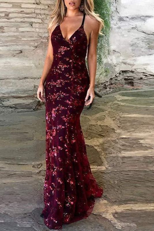 Chic Spaghetti Straps V-neck Mermaid Evening Dress Sequins Prom Gowns