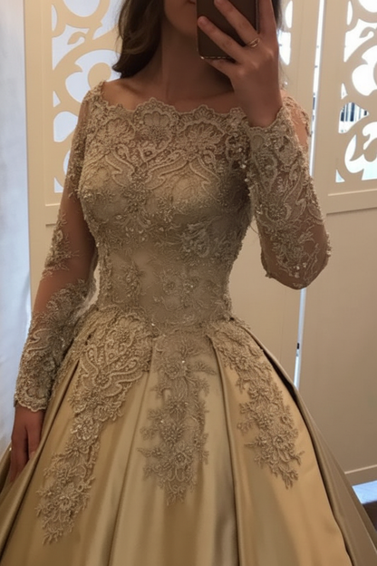 Chic Gold Off Shoulder Long Sleeve Ball Gown Appliques Satin Prom Dress