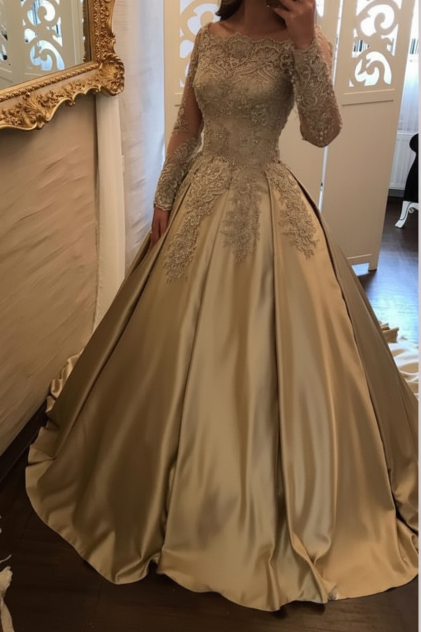 Chic Gold Off Shoulder Long Sleeve Ball Gown Appliques Satin Prom Dress