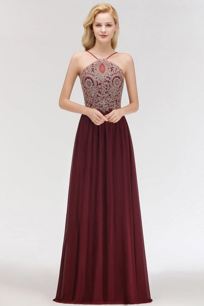 Chic Halter Burgundy Backless Bridesmaid Dress with Appliques