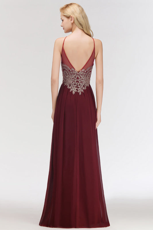 Chic Halter Burgundy Backless Bridesmaid Dress with Appliques