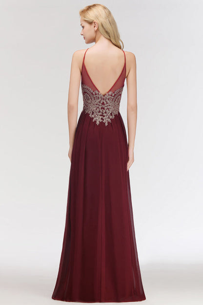 Chic Halter Burgundy Backless Bridesmaid Dress with Appliques