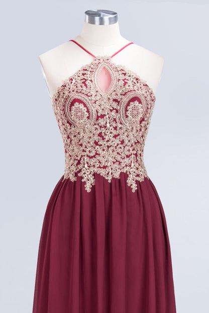 Chic Halter Burgundy Backless Bridesmaid Dress with Appliques