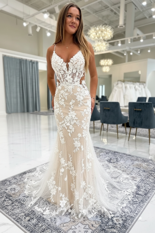 Chic Ivory Mermaid Wedding Dress Tulle lace Appliques Bridal Gown