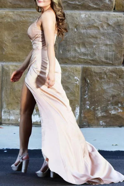Chic Midnight Blue Spaghetti Strap Mermaid Prom Gown with Thigh-High Slit