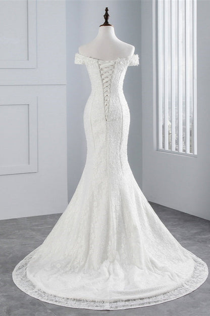 Chic Off-the-Shoulder Long Mermaid Wedding Dress with Lace