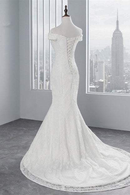 Chic Off-the-Shoulder Long Mermaid Wedding Dress with Lace