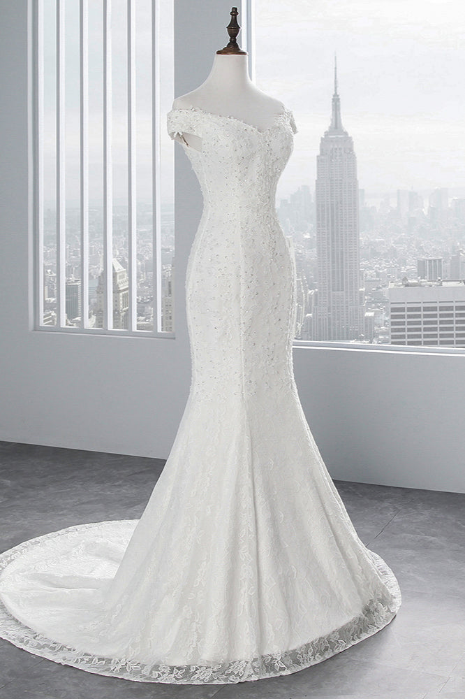 Chic Off-the-Shoulder Long Mermaid Wedding Dress with Lace