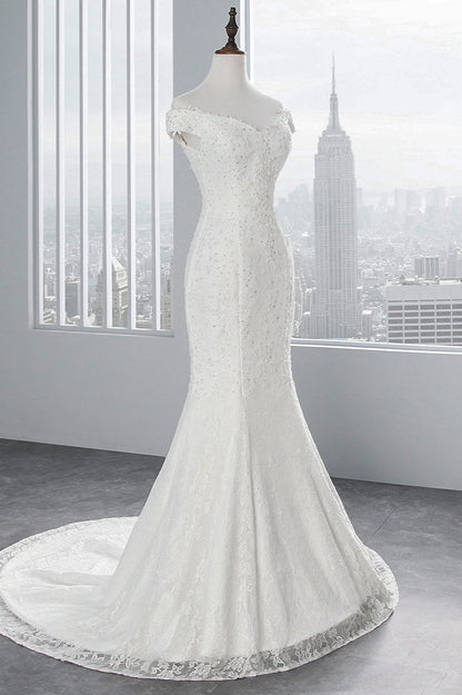 Chic Off-the-Shoulder Long Mermaid Wedding Dress with Lace