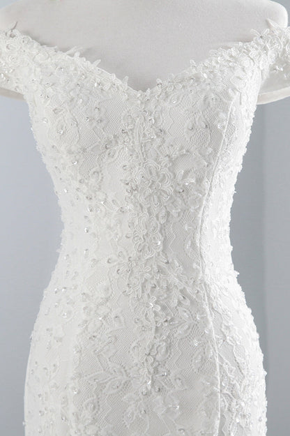 Chic Off-the-Shoulder Long Mermaid Wedding Dress with Lace
