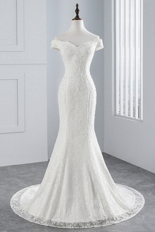 Chic Off-the-Shoulder Long Mermaid Wedding Dress with Lace