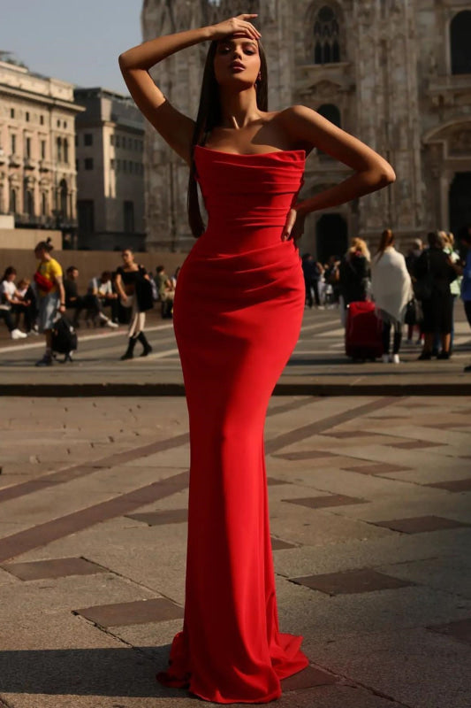Chic Red Sleeveless Pleated Mermaid Prom Dress in Luxurious Charmeuse Fabric