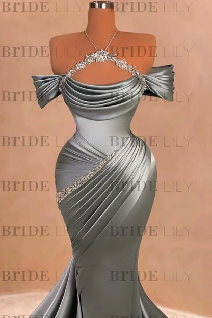 Chic Ruffle Satin Prom Dress Mermaid Off-the-Shoulder Beadings Long Party Gown
