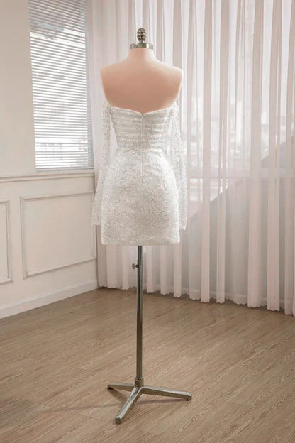 Aimishang Elegant Short Sequined Backless Wedding Dress With Long Detachable Sleeves