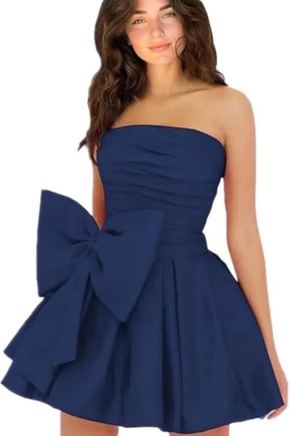 Chic Sleeveless Ruched Short Homecoming Dresses Lace Up Mini Party Wear Dress with Bow