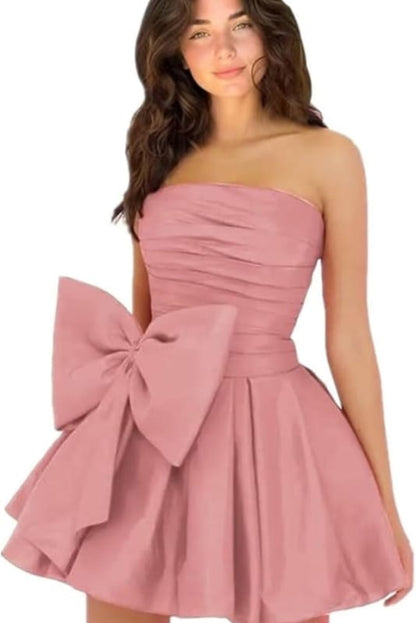 Chic Sleeveless Ruched Short Homecoming Dresses Lace Up Mini Party Wear Dress with Bow