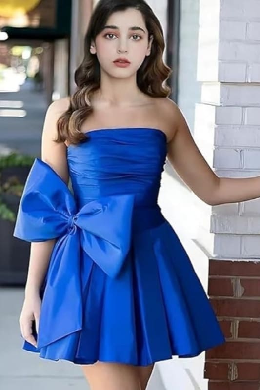 Chic Sleeveless Ruched Short Homecoming Dresses Lace Up Mini Party Wear Dress with Bow