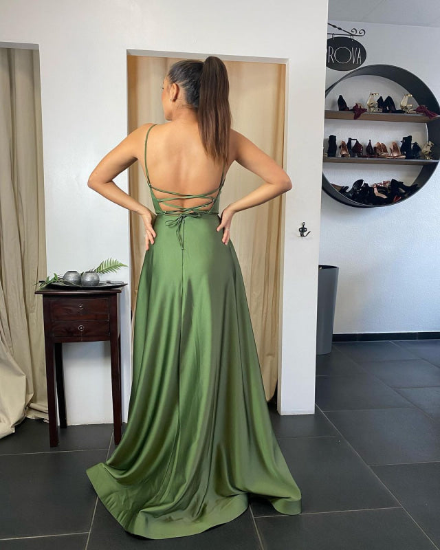 Chic Spaghetti Strap Front Split Satin Prom Dress Long with Pockets