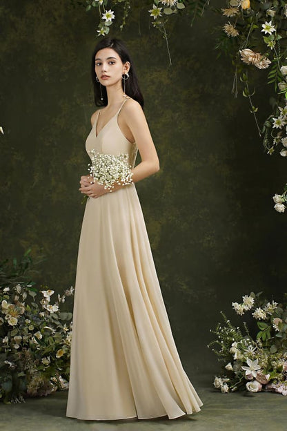 Chic Spaghetti Straps Chiffon Formal Dress Sleeveless V-Neck Aline Long Evening Dress
