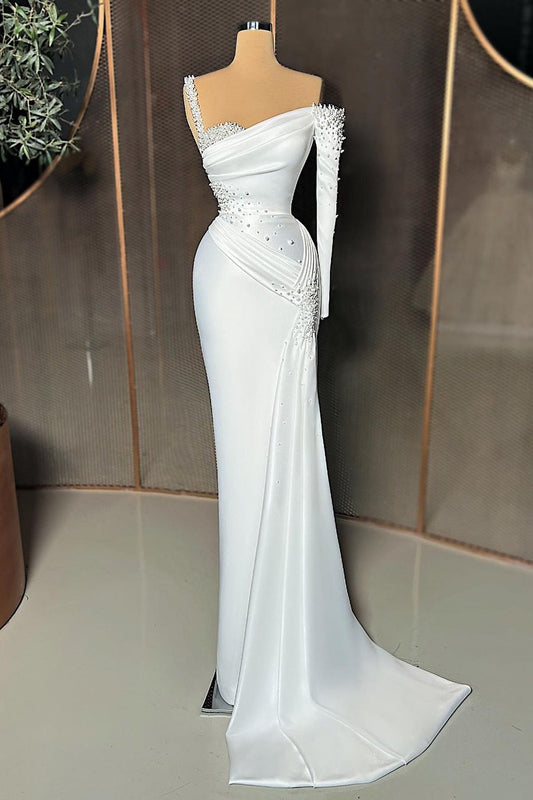 Chic White Off Shoulder Sheath Pearls Ruffles Prom Dress