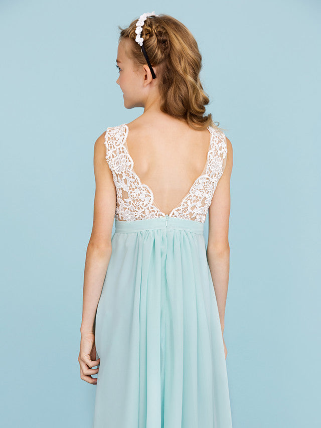 Chiffon Lace Junior Flower Girl Dress - Sheath Column V Neck Floor Length with Sash Ribbon Open Back for Wedding Party