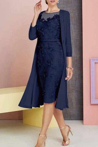 Chiffon Lace Two Piece Sheath Mother of the Bride Dress Knee Length Wedding Guest Dress