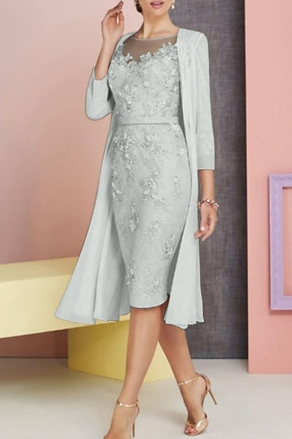 Chiffon Lace Two Piece Sheath Mother of the Bride Dress Knee Length Wedding Guest Dress