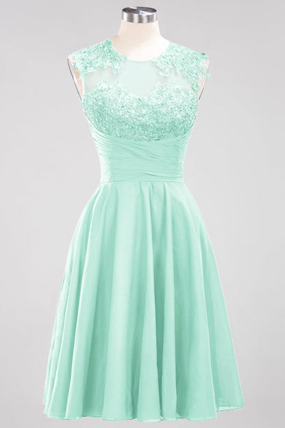 Chiffon Round Neck Short Bridesmaid Dresses with Appliques