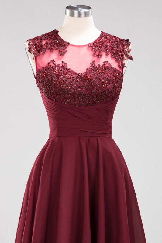 Chiffon Round Neck Short Bridesmaid Dresses with Appliques