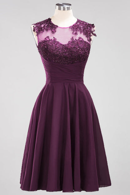 Chiffon Round Neck Short Bridesmaid Dresses with Appliques