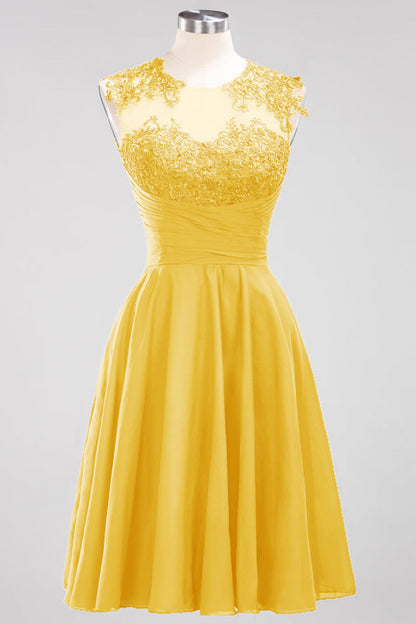Chiffon Round Neck Short Bridesmaid Dresses with Appliques
