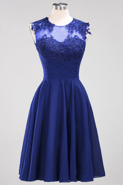 Chiffon Round Neck Short Bridesmaid Dresses with Appliques