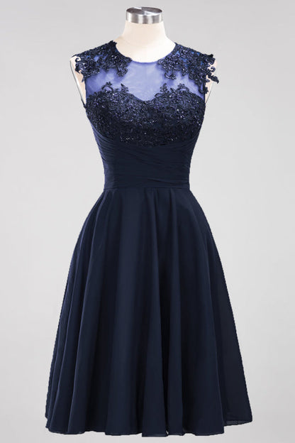 Chiffon Round Neck Short Bridesmaid Dresses with Appliques