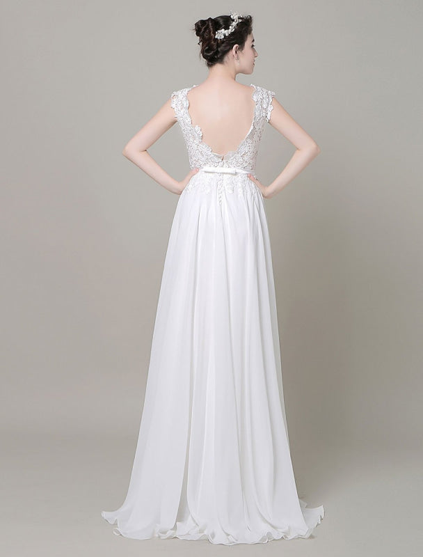 Chiffon Wedding Dress Bateau Lace Satin Sash Floor Length A Line Summer Bridal Dress