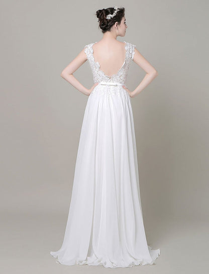 Chiffon Wedding Dress Bateau Lace Satin Sash Floor Length A Line Summer Bridal Dress