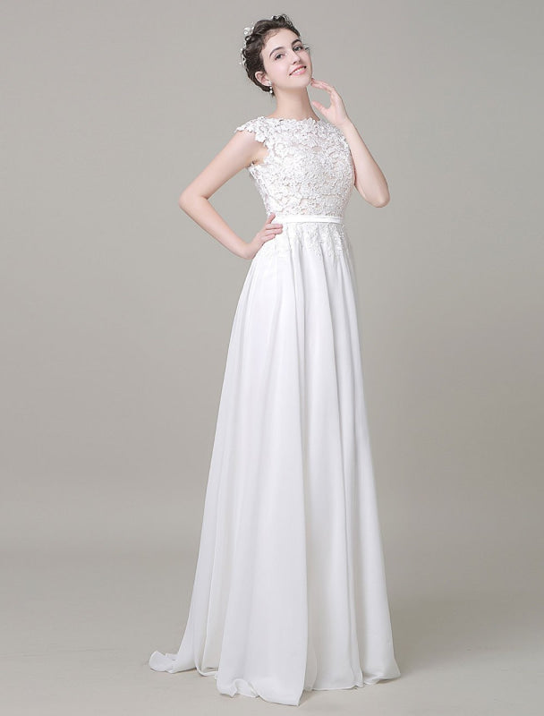 Chiffon Wedding Dress Bateau Lace Satin Sash Floor Length A Line Summer Bridal Dress