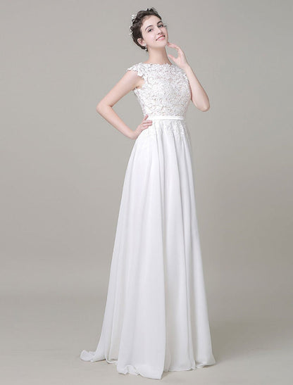 Chiffon Wedding Dress Bateau Lace Satin Sash Floor Length A Line Summer Bridal Dress