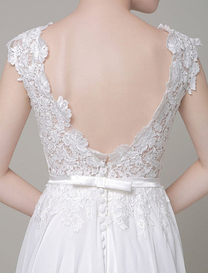 Chiffon Wedding Dress Bateau Lace Satin Sash Floor Length A Line Summer Bridal Dress