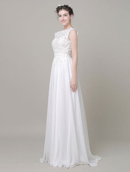 Chiffon Wedding Dress Bateau Lace Satin Sash Floor Length A Line Summer Bridal Dress