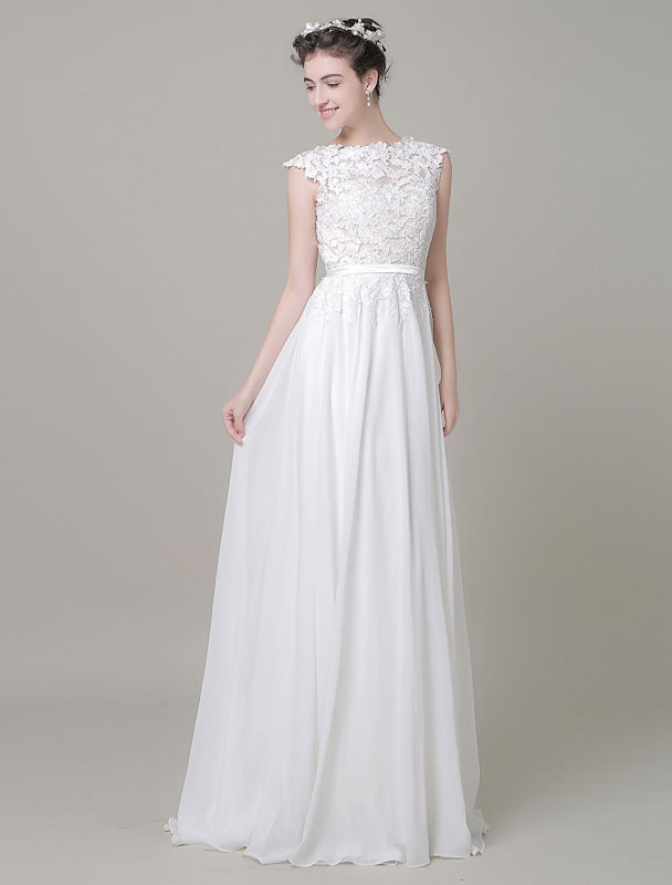 Chiffon Wedding Dress Bateau Lace Satin Sash Floor Length A Line Summer Bridal Dress
