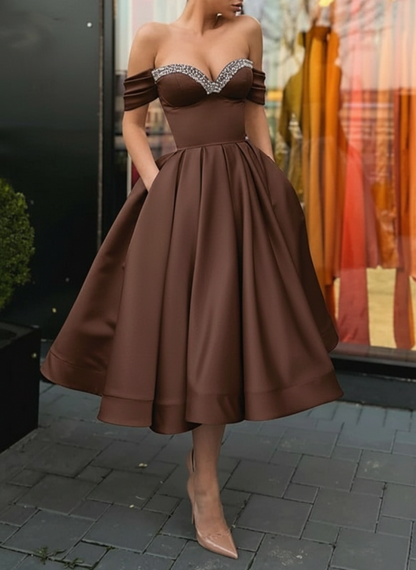 Off Shoulder Satin Tea Length Prom Dresses Sequins Pink Formal Graduation Evening Dresses