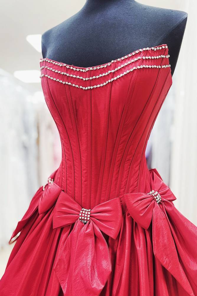 Black Strapless Beaded Ruffle Prom Dress with Bow