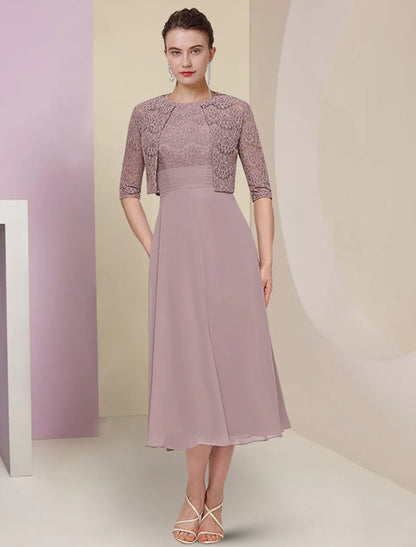 Aimishang  Two Piece Mother of the Bride Dress Wedding Guest Church Elegant Jewel Neck Tea Length Chiffon Lace Half Sleeve with Solid Color