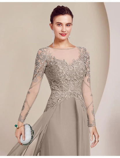 Aimishang  Sheath / Column Mother of the Bride Dress Formal Wedding Guest Elegant Scoop Neck Floor Length Chiffon Lace Long Sleeve with Beading Appliques
