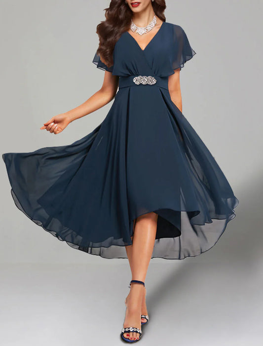 A-Line Wedding Guest Dresses Elegant Dress Cocktail Party Church Tea Length Short Sleeve V Neck Belt / Sash Chiffon with Crystals 2025
