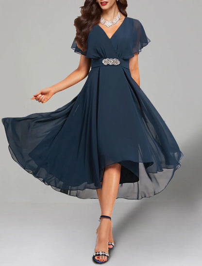 A-Line Wedding Guest Dresses Elegant Dress Cocktail Party Church Tea Length Short Sleeve V Neck Belt / Sash Chiffon with Crystals 2025