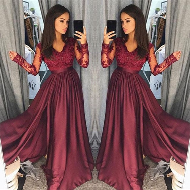 Burgundy A-Line V-Neck Lace Top Long Prom Dresses with Long Sleeves
