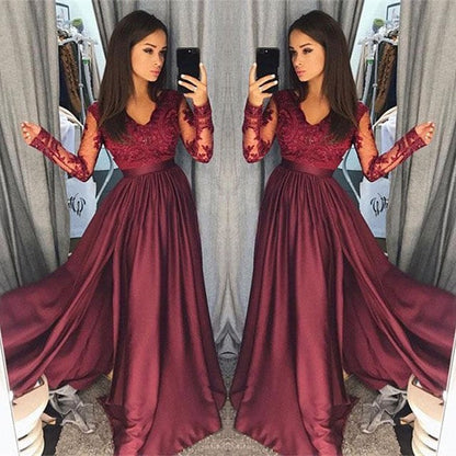 Burgundy A-Line V-Neck Lace Top Long Prom Dresses with Long Sleeves